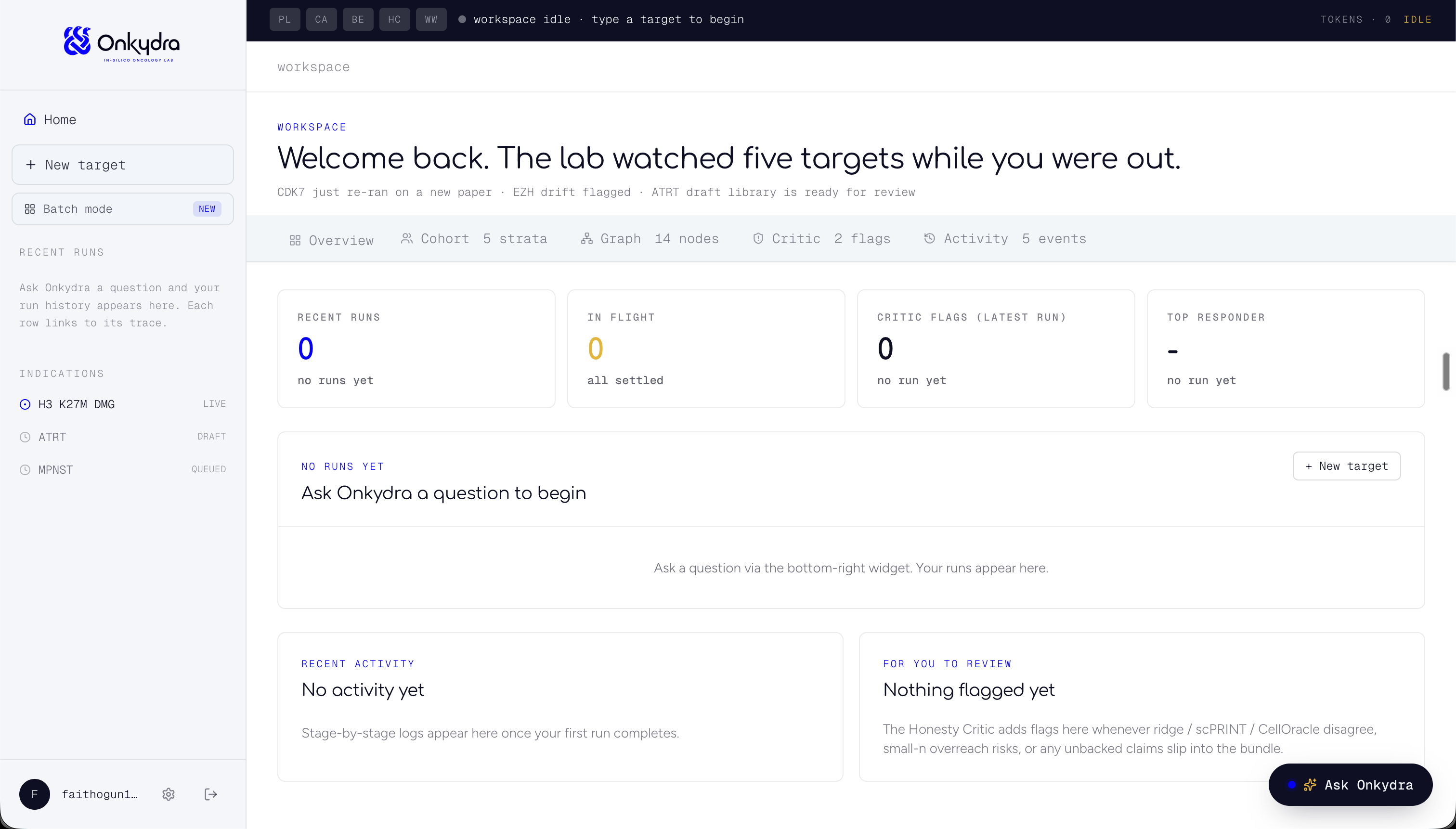 Onkydra workspace Overview tab